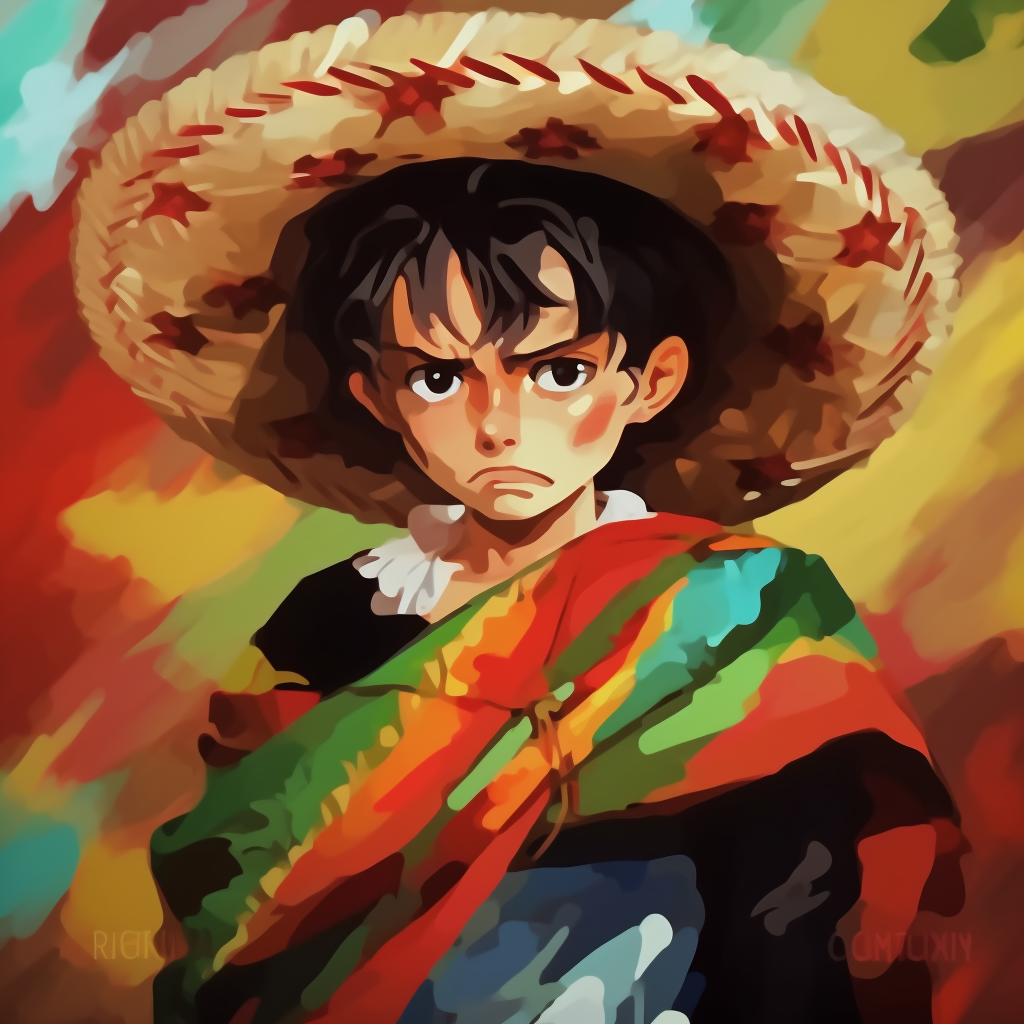 Anime boy profile picture featuring a large sombrero, detailed embroidery and saturated hues. stylish mexican pfp boys pfp for discord.