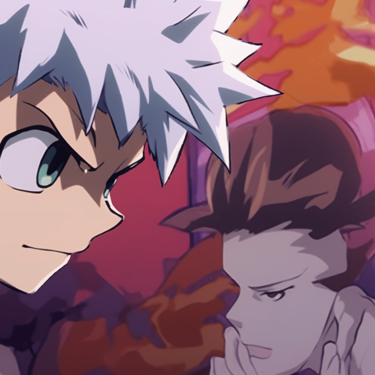 Combat ready Gon and Killua, matching battle suits and grim expressions. gon and killua matching pfp gif pfp for discord.