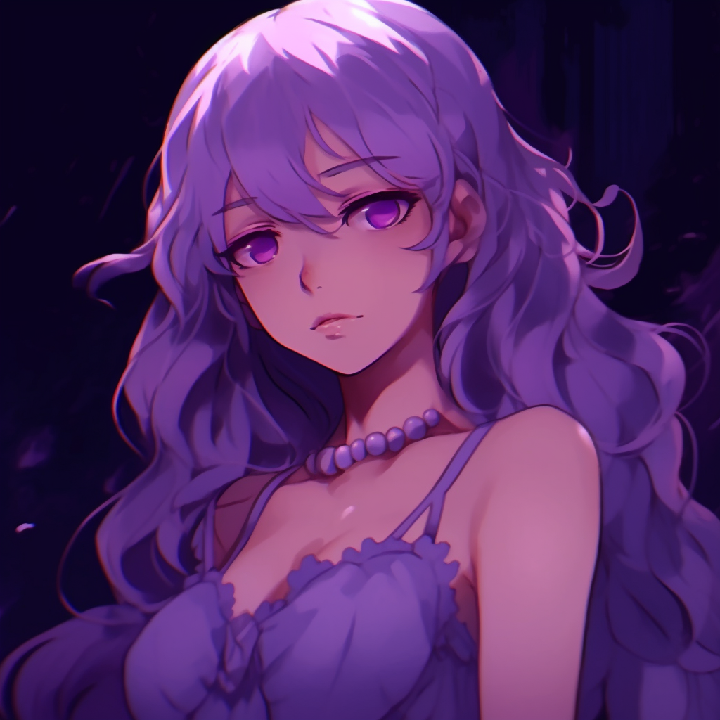 A luminous anime girl with elaborate purple attire, subtle shading and delicate details. elegant purple anime pfp girls