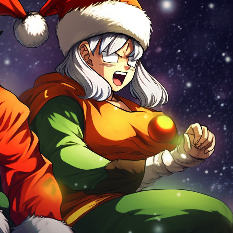 Two characters mid-transformation, with a festive backdrop, icy cool tones and vibrant energy details. best christmas dragon ball pfp for match pfp for discord.