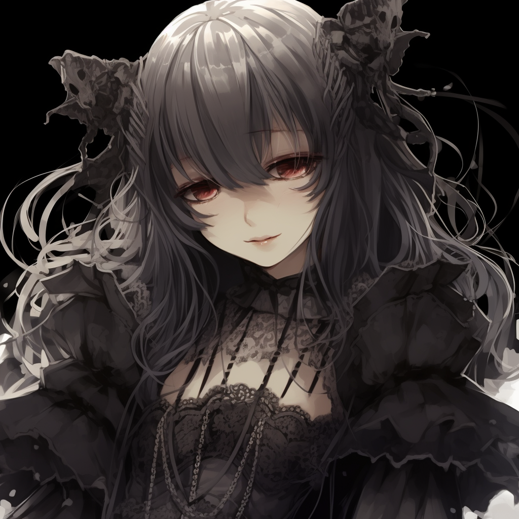 Gothic anime girl PFP with skull companion, dramatized by shadowy tones and heavy contrast. top-rated goth anime girl pfp pfp for discord.