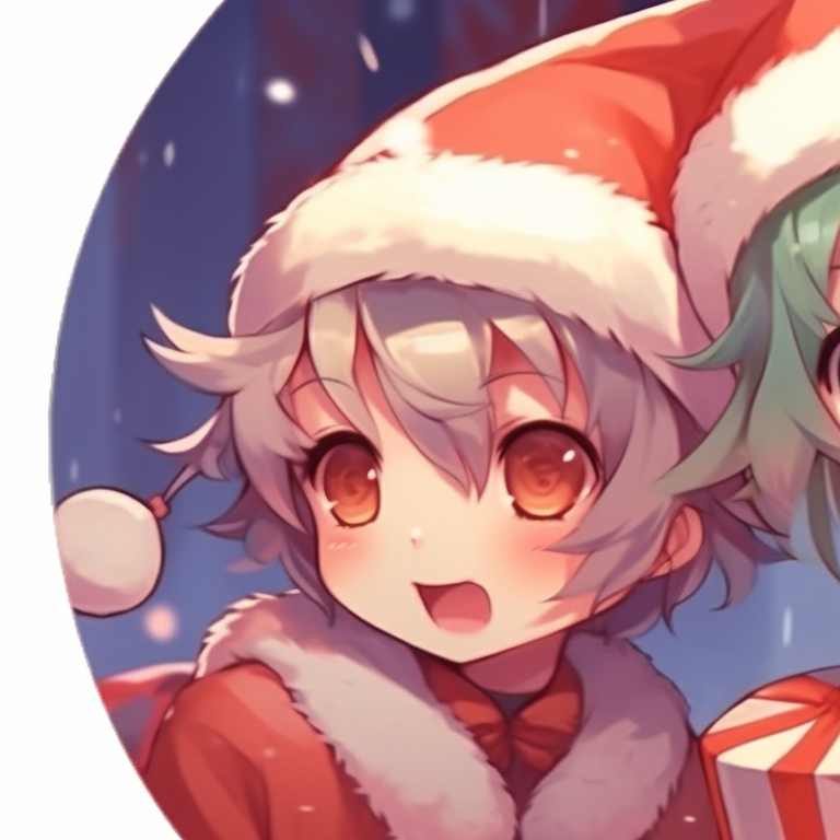 Two characters exchanging presents, filled with holiday-themed colors and showing a joyous mood. fascinating matching cute aesthetic christmas pfp options pfp for discord.