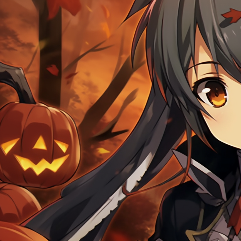 Two characters, Kirito and Asuna, in costume with a backdrop of autumnal hues. sword art online characters kirito and asuna halloween matching pfp pfp for discord.
