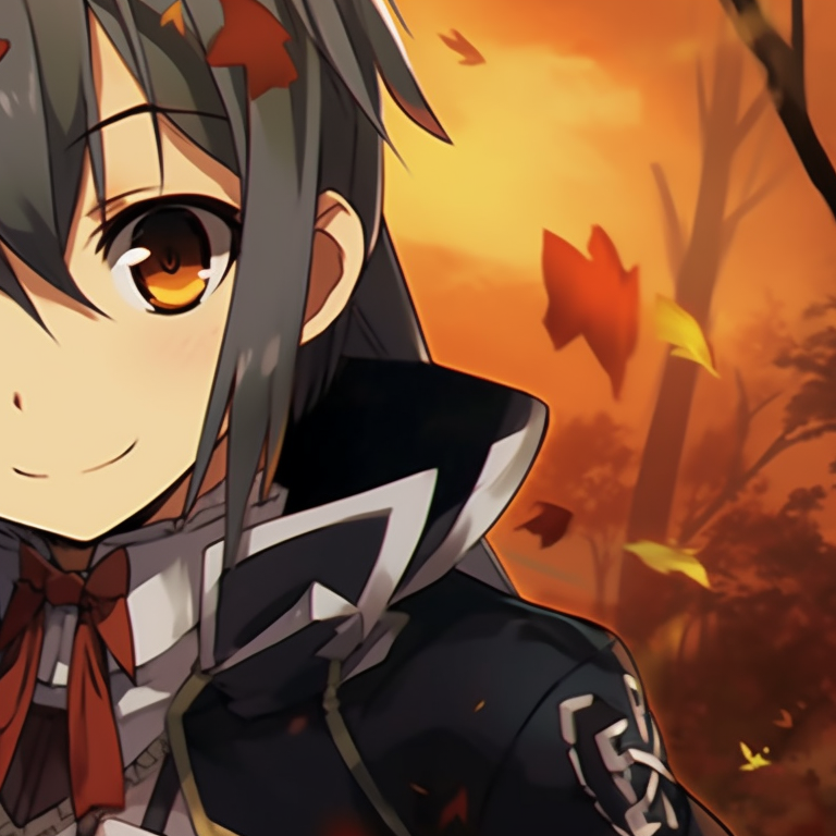Two characters, Kirito and Asuna, in costume with a backdrop of autumnal hues. sword art online characters kirito and asuna halloween matching pfp pfp for discord.