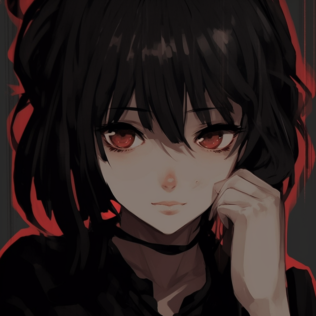 An anime girl in black outfit with red highlights, her gaze filled with intensity. The color combination gives off a powerful vibe. black pfp anime female characters pfp for discord.