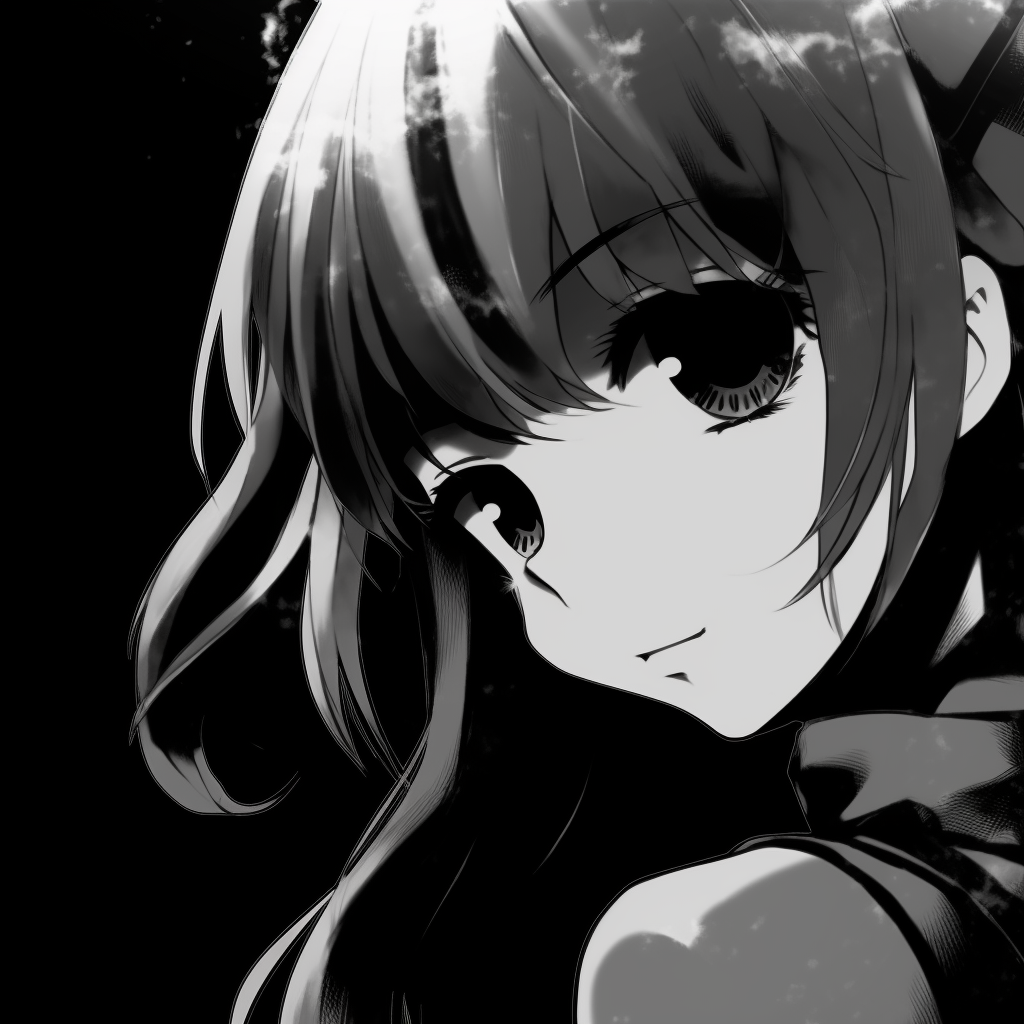 A detailed face of an anime girl in grayscale, the strong lines and sharp shading create an impressive character depiction. black and white anime girl profile picture