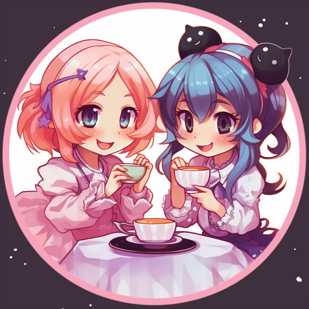 Picnic scene in chibi art style, bright colors and exaggerated cute features. cute concept matching pfp in anime for friends