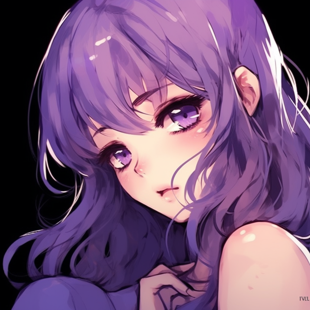 A dreamy depiction of an anime girl enveloped in shades of lavender, with strong emphasis on the in-depth eye detailing. charming purple anime pfp pfp for discord.