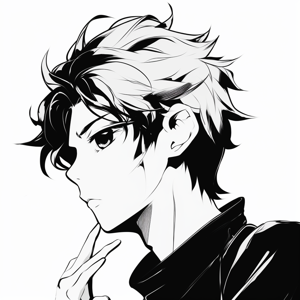 Monochrome profile of a classic anime hero, distinct facial features and strong line art. classic black and white anime pfp