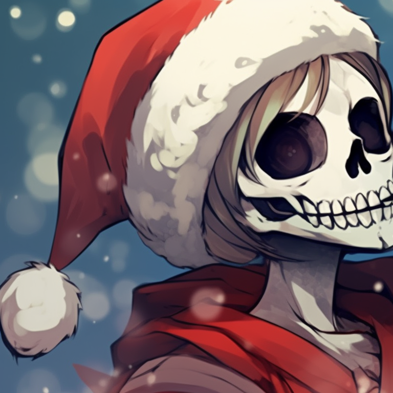 Close-up of two Santa skeleton characters under a mistletoe, featuring fine details and a warm, holiday color scheme. santa skeletons - matching christmas pfp, kissing style pfp for discord.