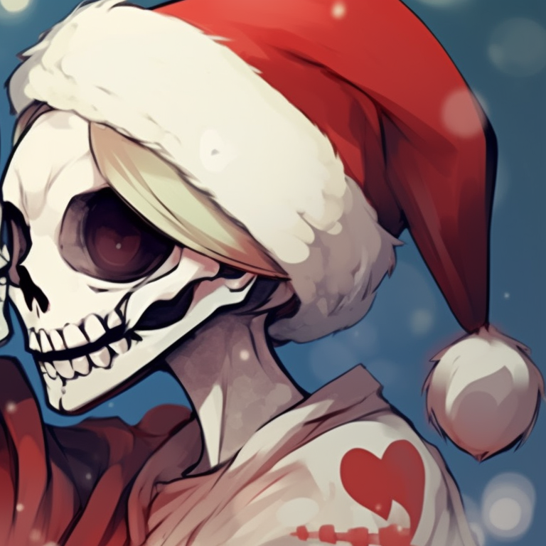 Close-up of two Santa skeleton characters under a mistletoe, featuring fine details and a warm, holiday color scheme. santa skeletons - matching christmas pfp, kissing style pfp for discord.