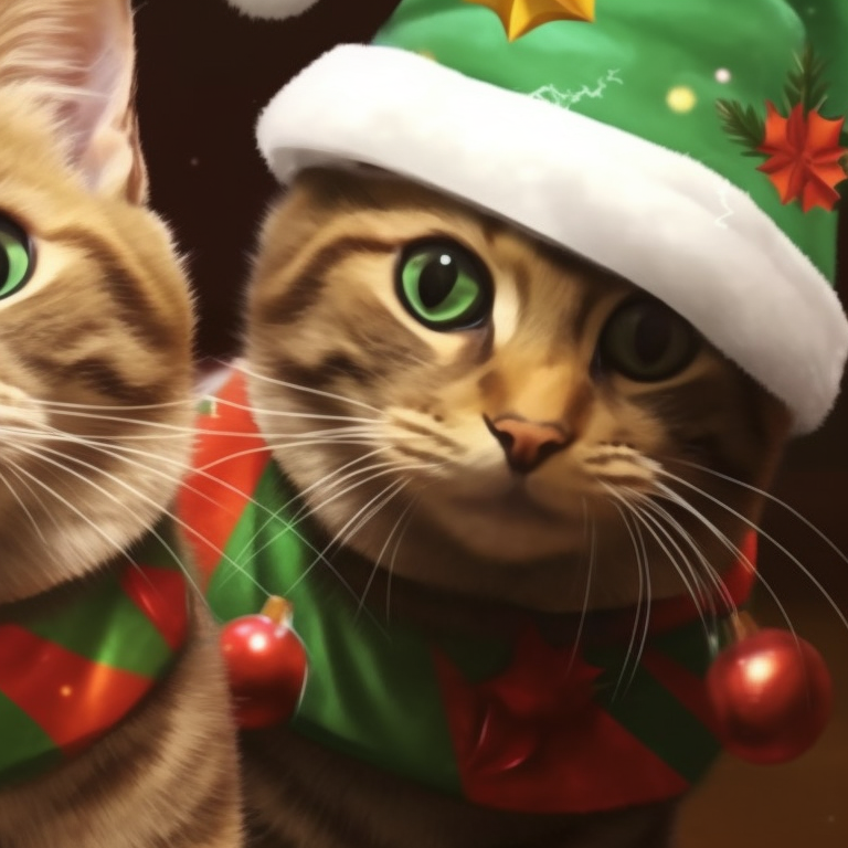 Two cats, one playing with a Christmas bauble and the other with a ribbon, under a lavishly decorated Christmas tree, captured with bright, festive colors. adorable matching cat pfp christmas visuals pfp for discord.