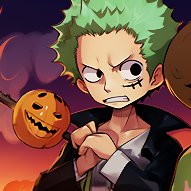 Luffy and Zoro in Halloween costumes with candy, simple lines and strong contrasts. charming luffy and zoro halloween theme pfp pfp for discord.