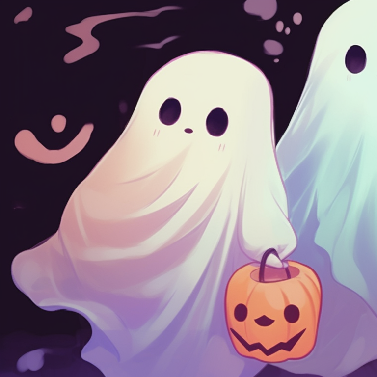 Two ghost characters, pastel colors reflect a soft glow, holding hands. popular matching ghost pfp halloween theme trends pfp for discord.