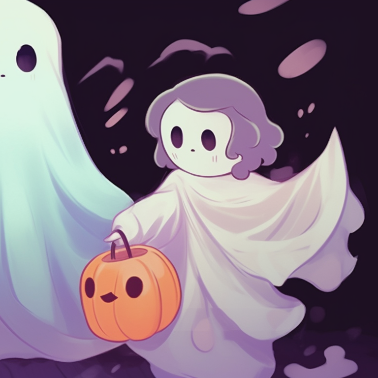 Two ghost characters, pastel colors reflect a soft glow, holding hands. popular matching ghost pfp halloween theme trends pfp for discord.
