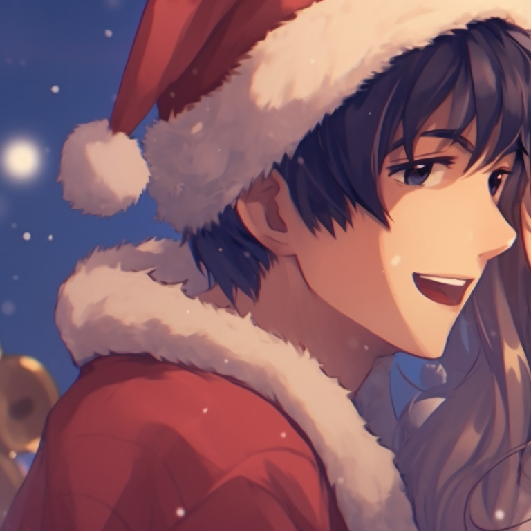 Two characters in Santa outfits sitting beside a Christmas tree, New Year's Eve peaceful energy carried in the soft hues and cozy number of details. matching cute christmas pfp for festive couples pfp for discord.