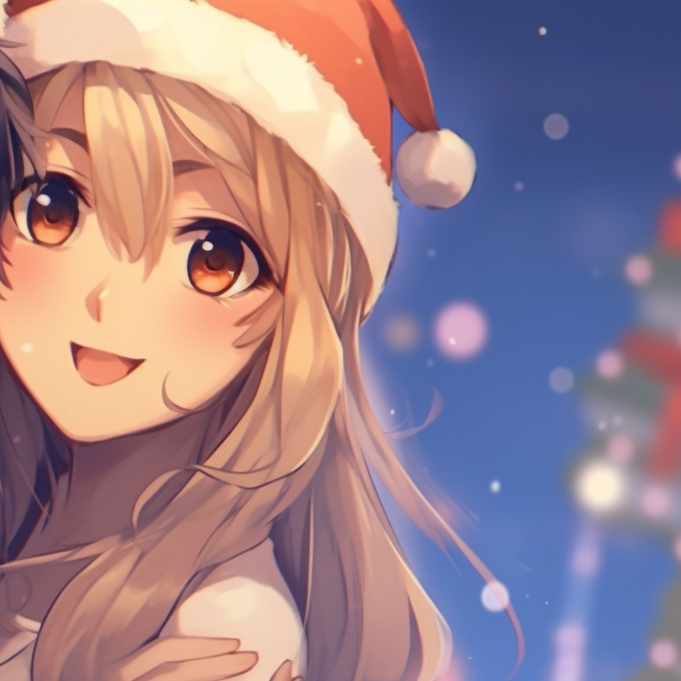 Two characters in Santa outfits sitting beside a Christmas tree, New Year's Eve peaceful energy carried in the soft hues and cozy number of details. matching cute christmas pfp for festive couples pfp for discord.