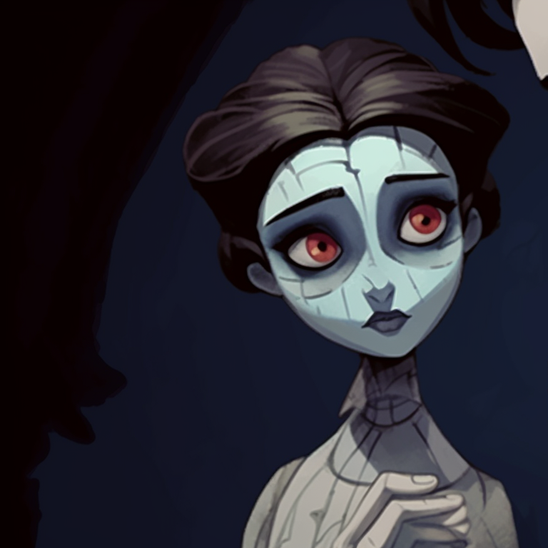 Close-up of Victor and Emily, strong contrasts and intricate details. victor and emily corpse bride matching pfp pfp for discord.