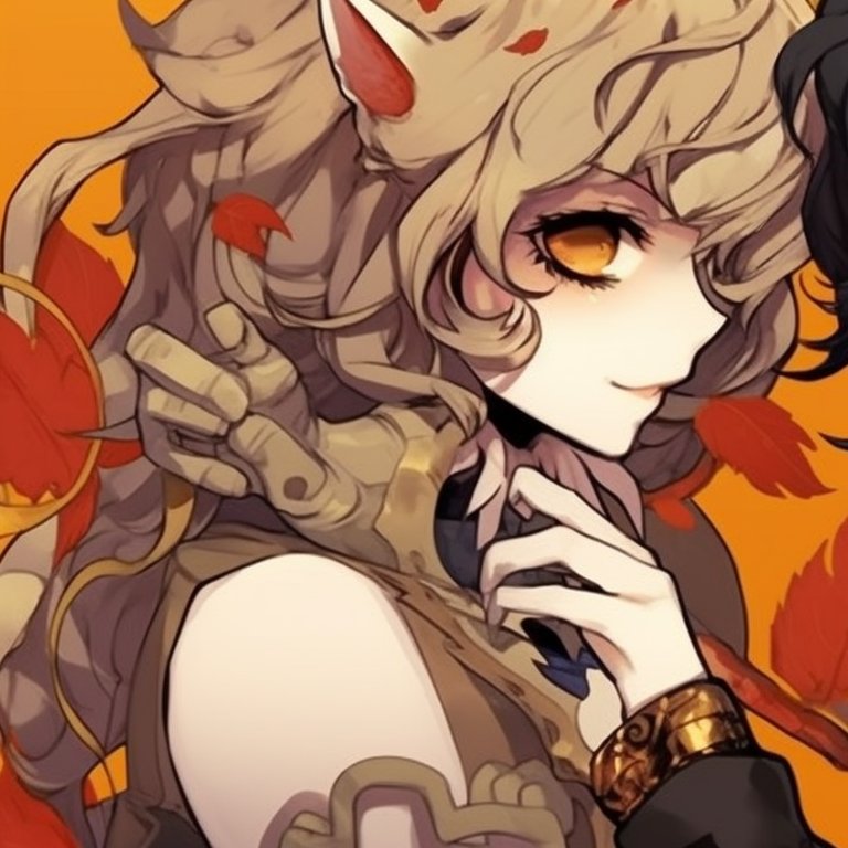 Two anime characters in intricate masquerade costumes, autumn colors and detailed etching. halloween couple matching pfp pfp for discord.
