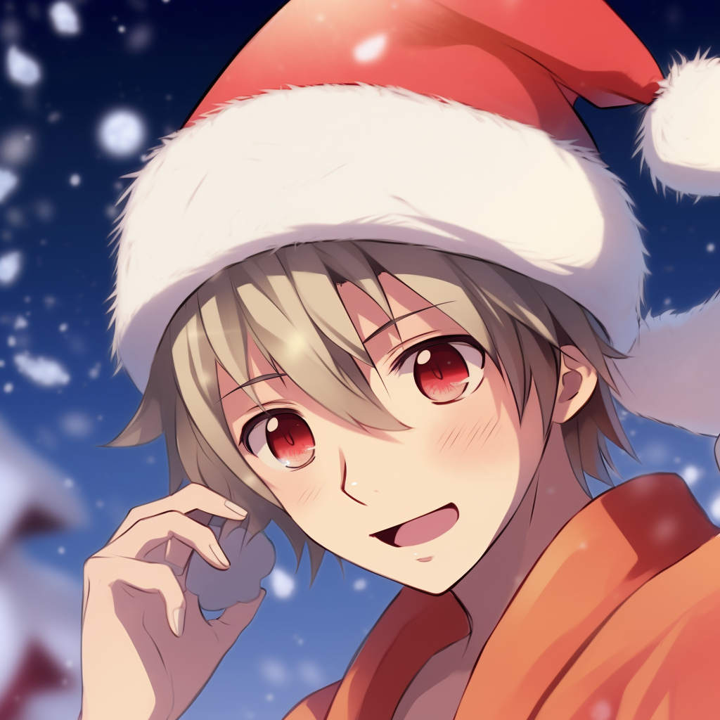 Naruto Uzumaki in a Santa hat, snowy backdrop and vibrant seasonal colors. christmas anime series