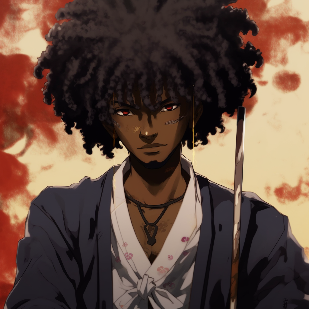 Profile view of Afro Samurai with his sword, clean lines and bright highlights. stunning black anime characters pfp