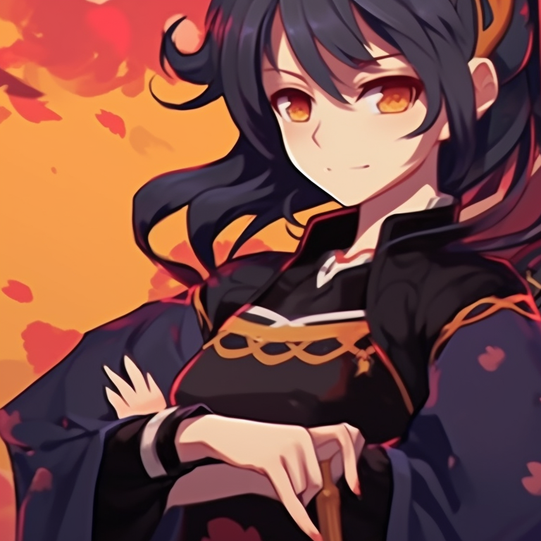 Two characters in samurai attire, rich fall colors and precise, traditional lines. halloween-themed project sekai matching pfps pfp for discord.