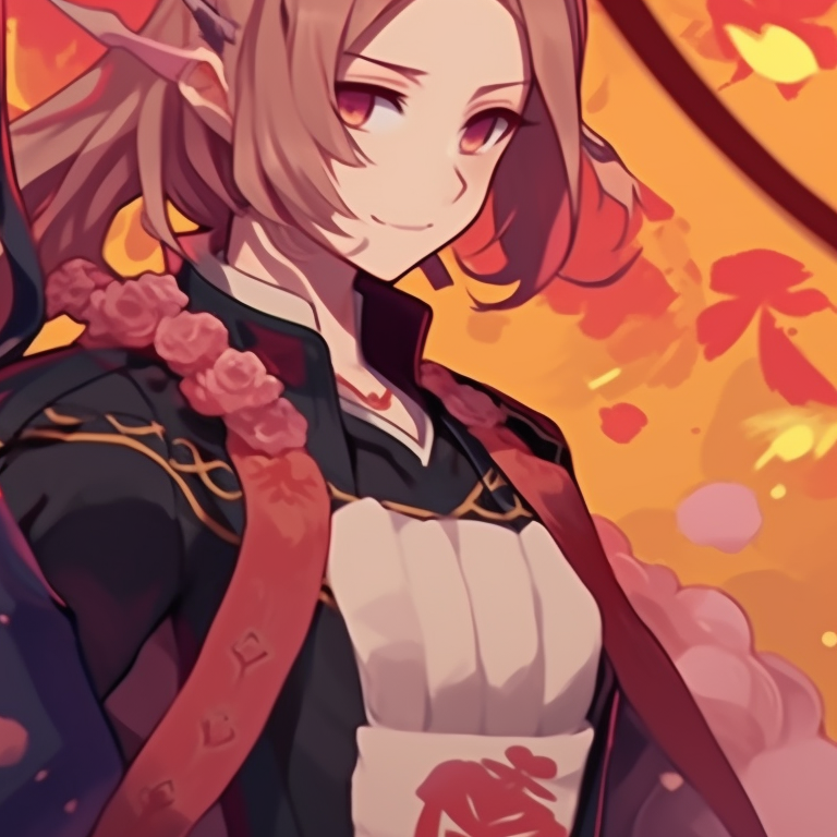 Two characters in samurai attire, rich fall colors and precise, traditional lines. halloween-themed project sekai matching pfps pfp for discord.