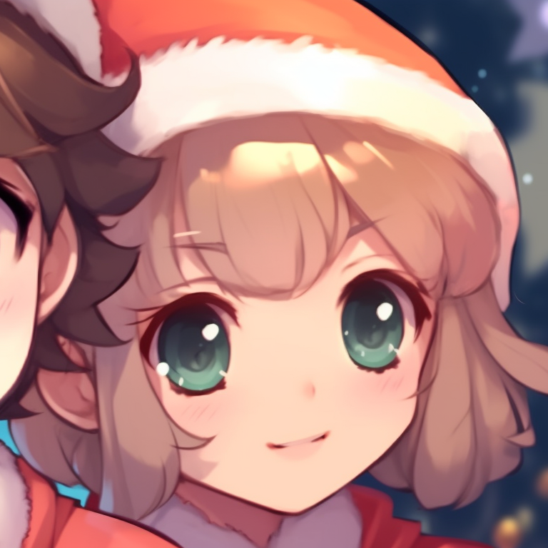 Two young characters holding a Christmas gift, bright colors and cheerful expressions. best matching christmas themed pfp for 2023 pfp for discord.