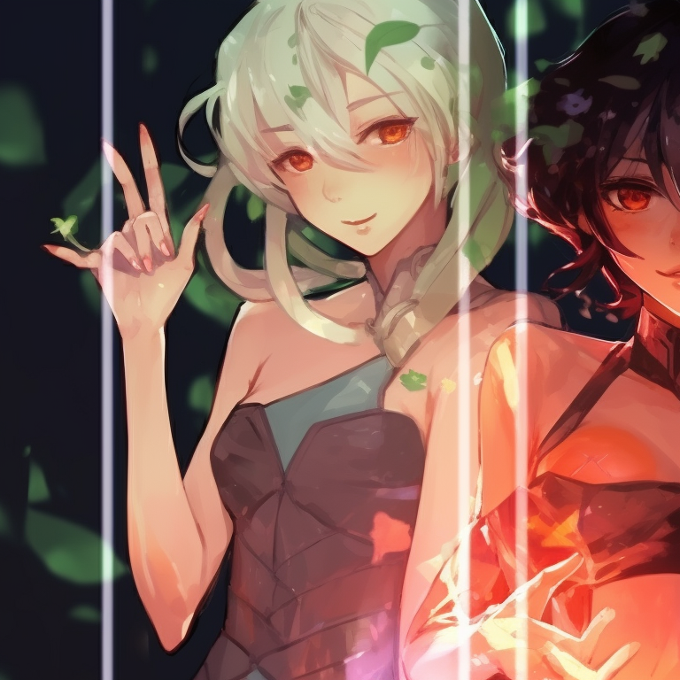 Four characters in sheer outfits, mystical vibe with luminous colors. unique matching pfp for 4 friends pfp for discord.