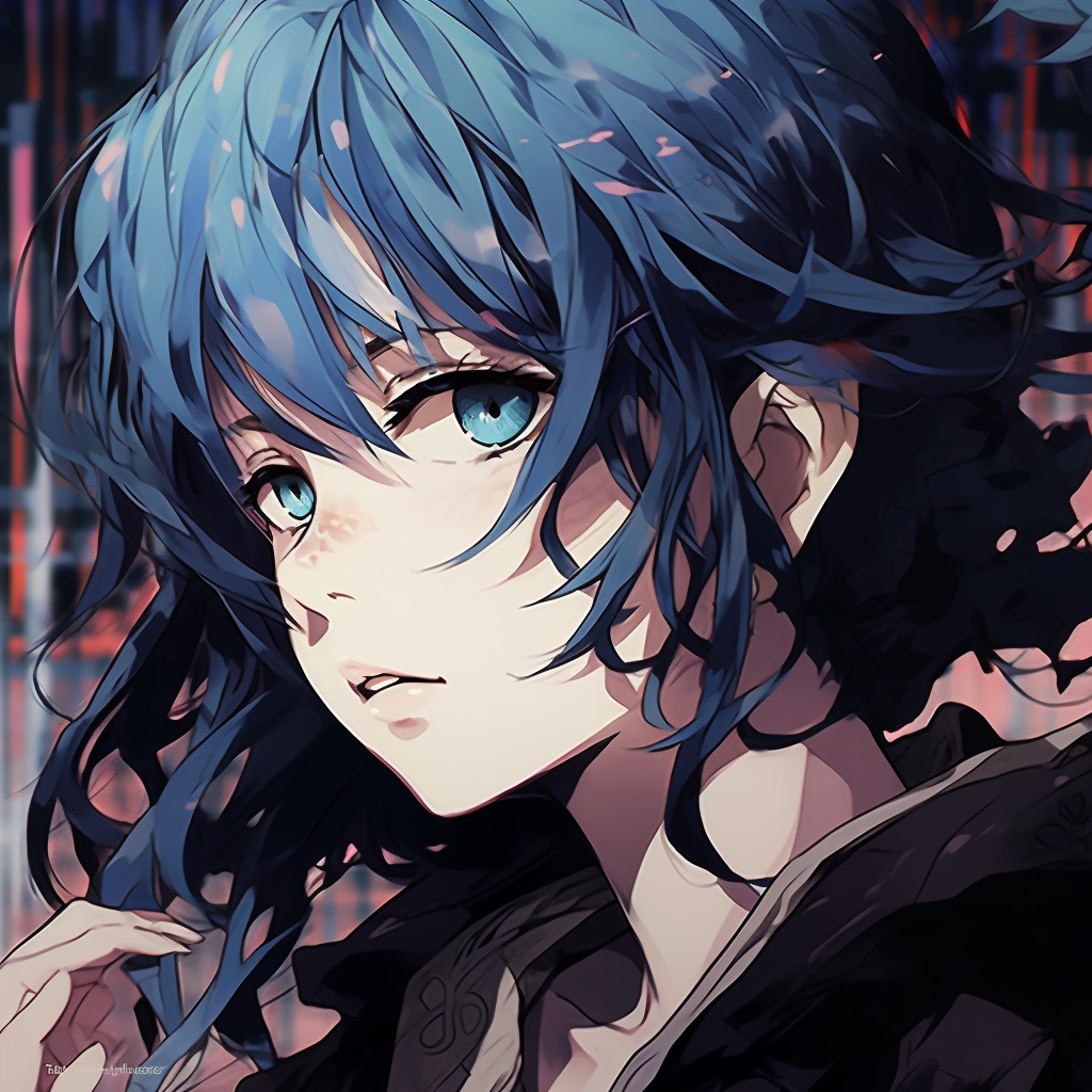 Focused view of an anime character with striking blue hair, capturing an intricate design. best cool pfp anime images pfp for discord.