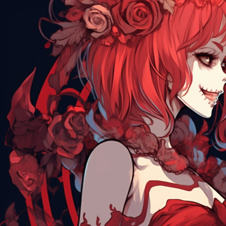 Two skeleton characters in Christmas outfits, deep crimson details and Gothic style, kissing under a mistletoe. bone love - matching christmas pfp of skeletons kissing pfp for discord.