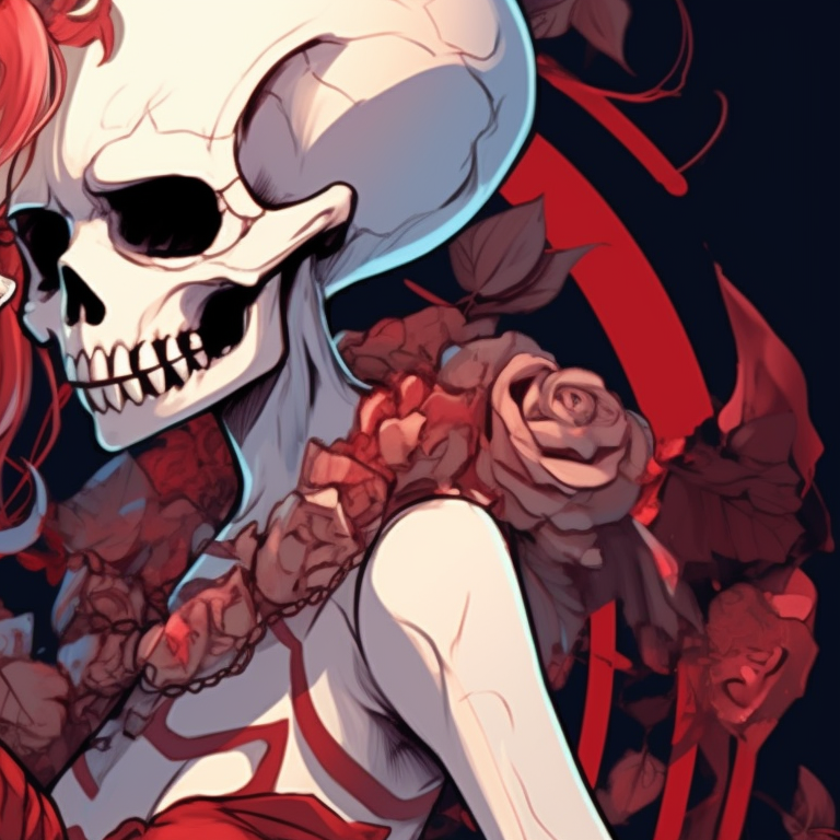 Two skeleton characters in Christmas outfits, deep crimson details and Gothic style, kissing under a mistletoe. bone love - matching christmas pfp of skeletons kissing pfp for discord.