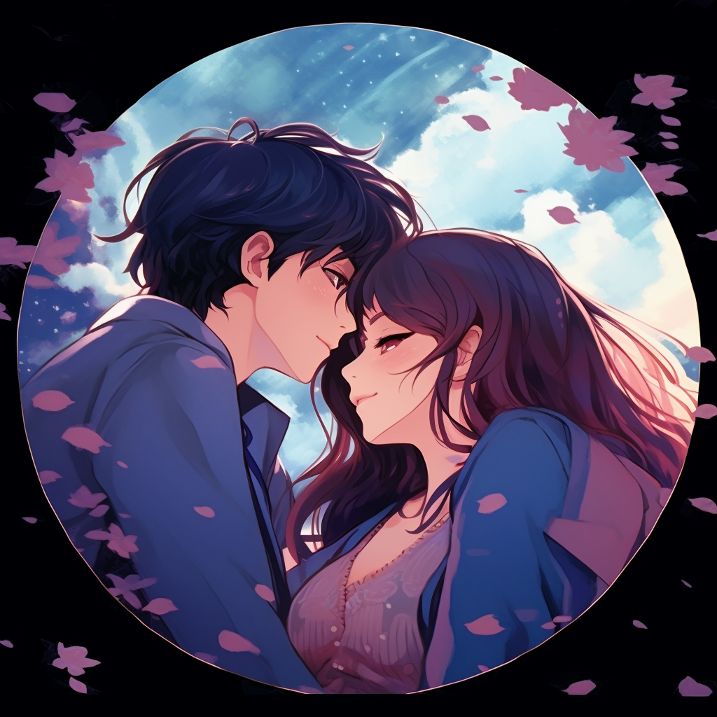 Anime couple basking in the moonlight, showcasing romantic colors and detailed art style. sweet moments in couple anime matching pfp pfp for discord.