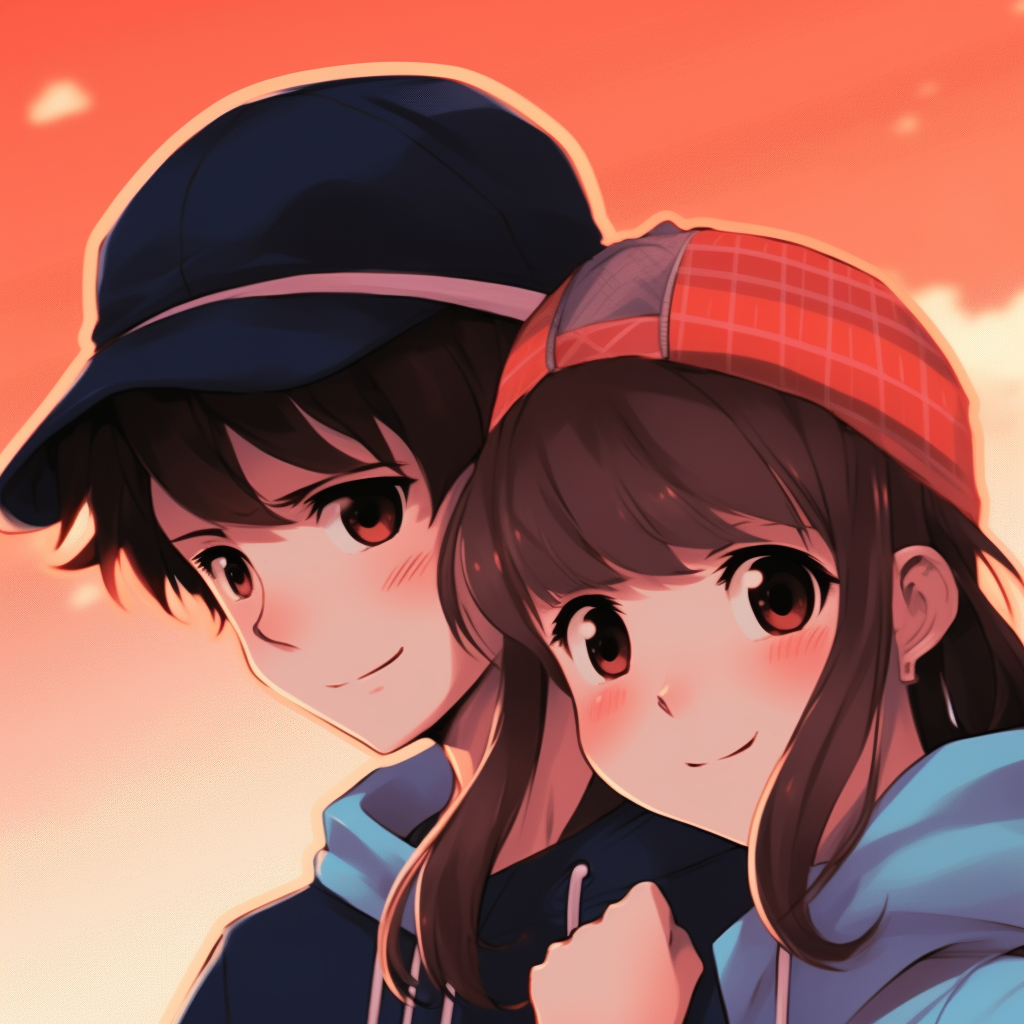 Close-up on Ash and Misty's faces, expressive eyes and warm smiles. dynamic duo in couple anime matching pfp pfp for discord.