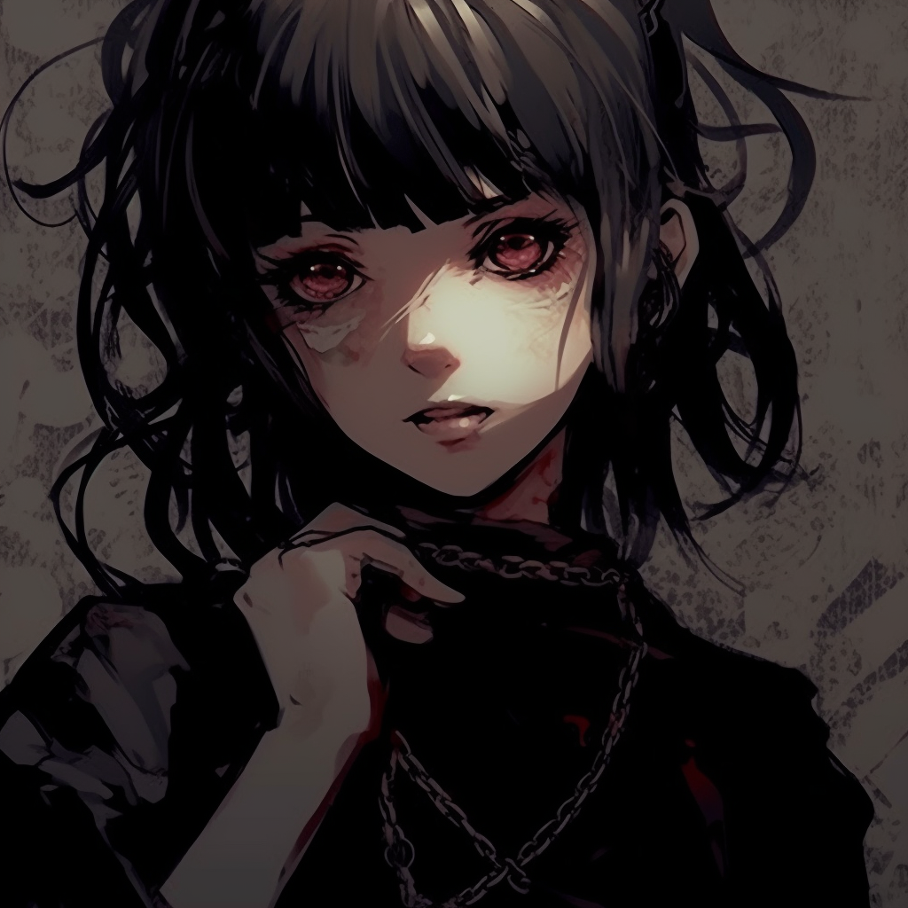 Dark, grunge art style anime girl with a piercing gaze, rich textures and contours. grunge anime pfp for girls