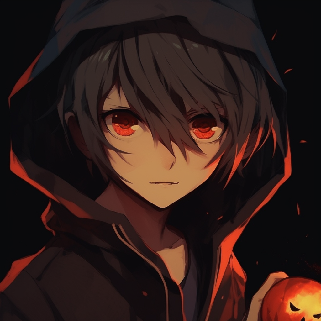 Anime character with Jack-o'-lantern, playful expression and vibrant colors. anime halloween pfp style