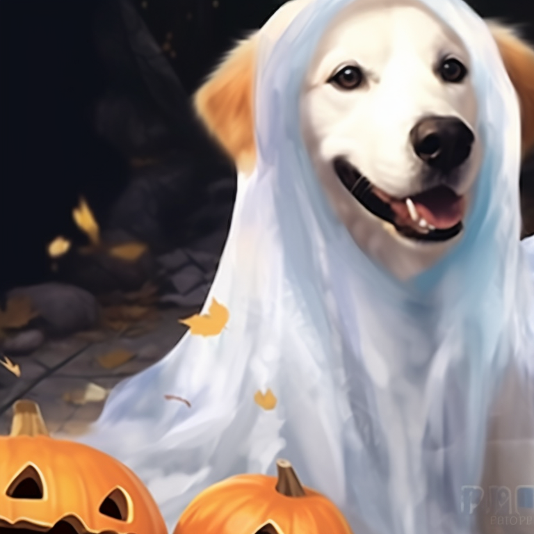 Two dogs, dressed in matching ghost costumes, vibrant colors and playful expressions. charming dogs matching pfp halloween theme pfp for discord.