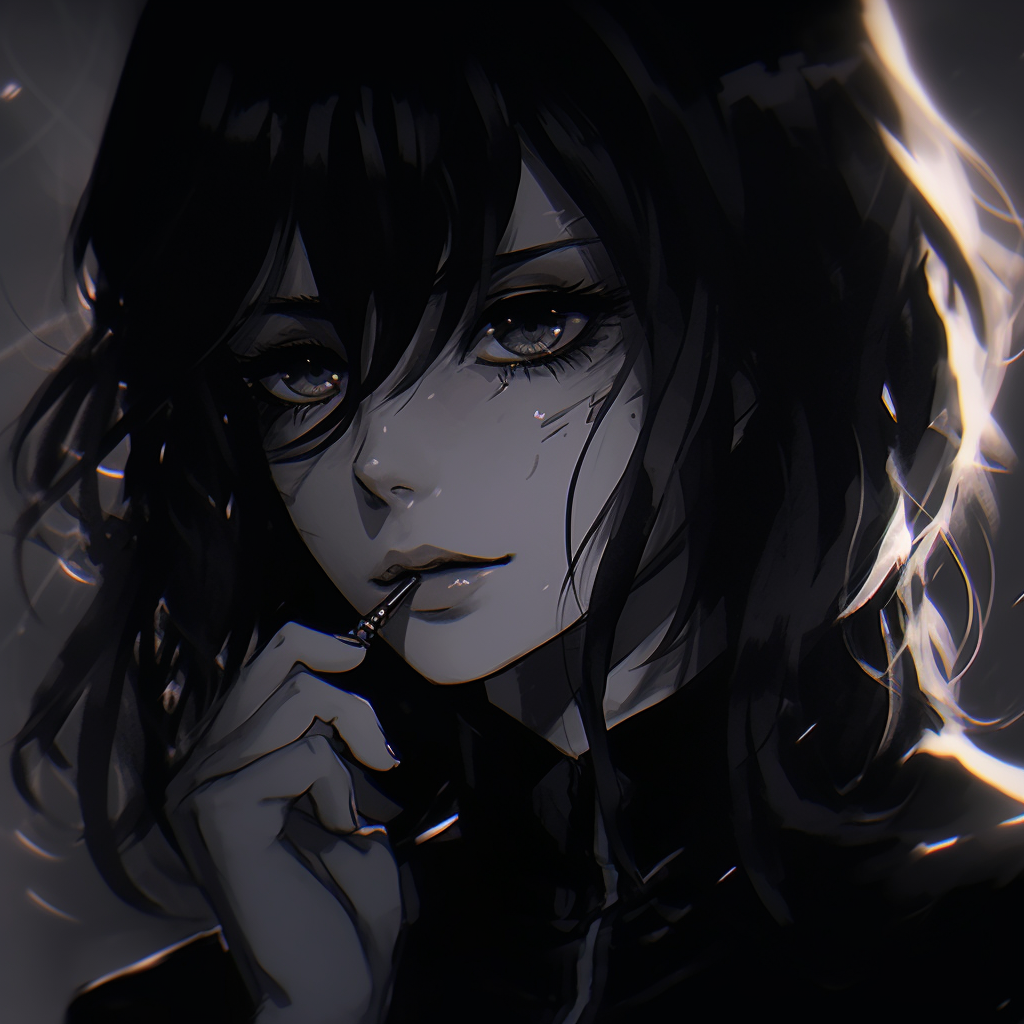 Portrait of a female character under moody lighting, intricate shadow detailing. anime pfp dark highlighting female characters pfp for discord.