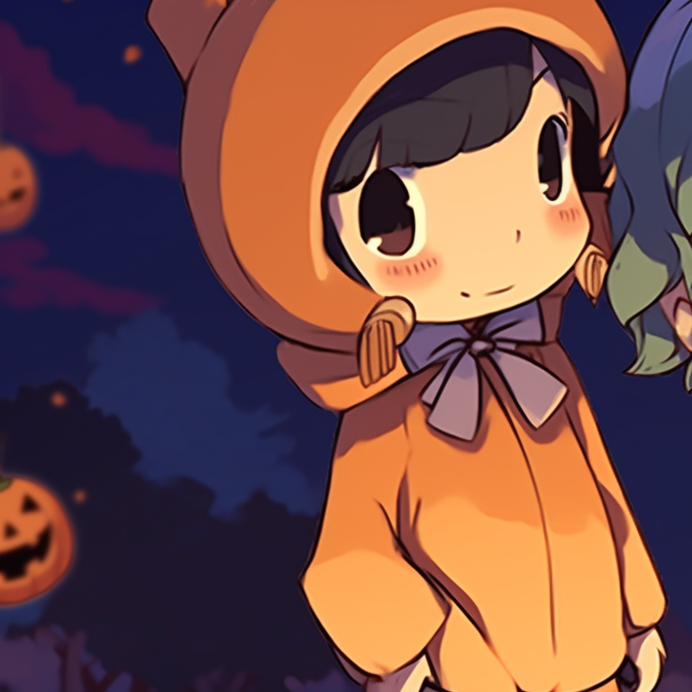 Two characters posing effortlessly together, dressed in Halloween themed attire, vibrant colors and dynamic expressions. cute halloween matching meme pfp for best friends pfp for discord.