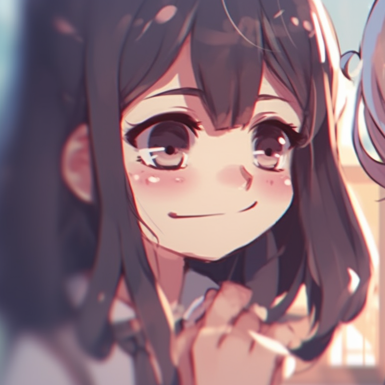 Two characters intertwined, soft tones and gentle expressions, soaking in a moment of peace. innovative matching pfp for best friends pfp for discord.