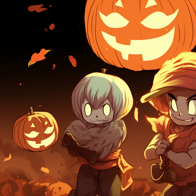 Characters dressed as Halloween heroes, with vibrant colors and bold lines. dragon ball z matching pfp halloween style pfp for discord.