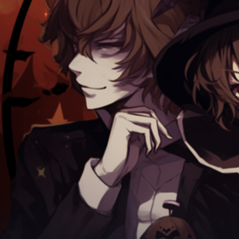 Profiles of Dazai and Chuuya, underlit for dramatic shadows, minimalistic Halloween elements. osamu dazai halloween anime pfp pfp for discord.