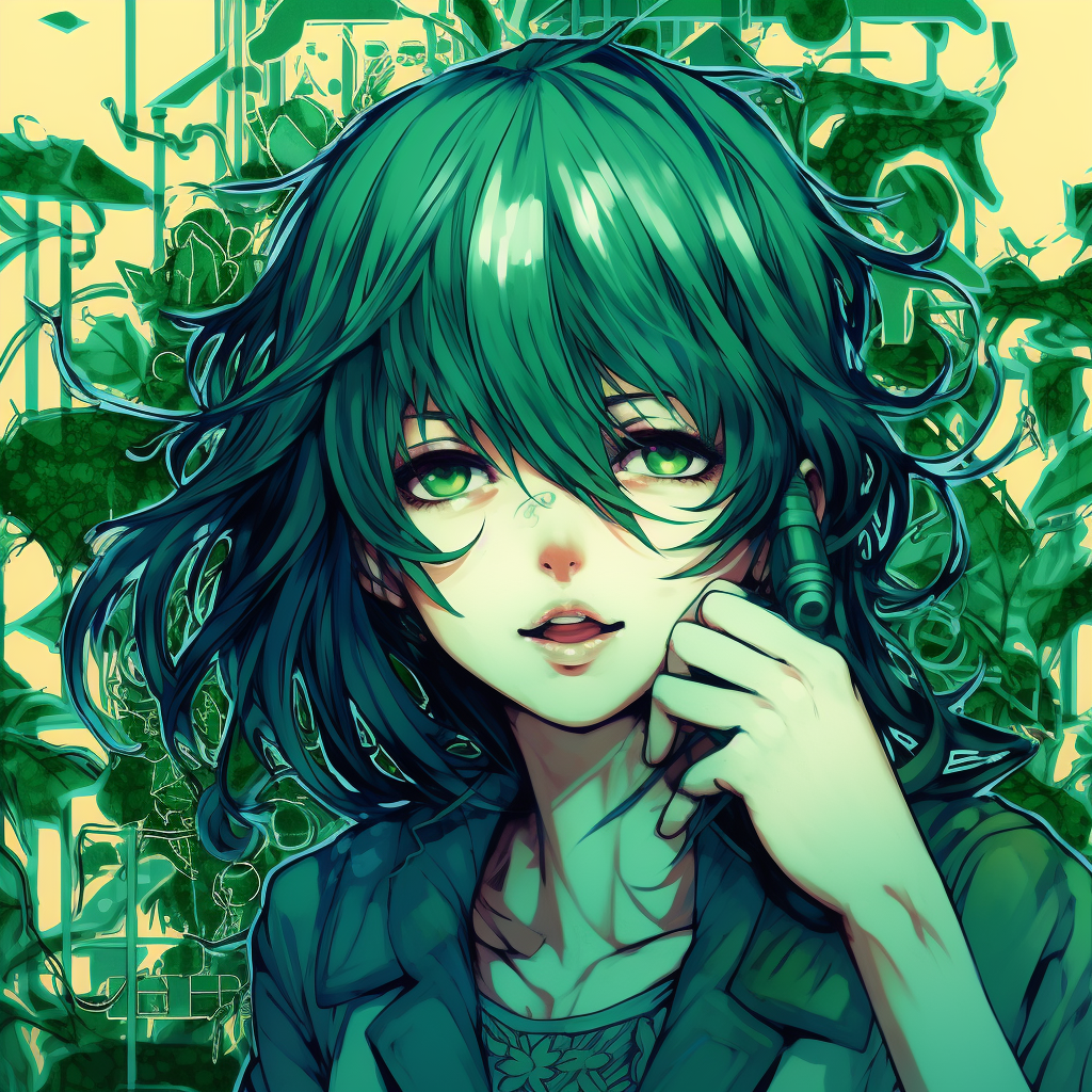 Anime character portrayed with multiple nature elements and lush green hues, enhancing complexity through detailed linework green anime pfp vibrant designs