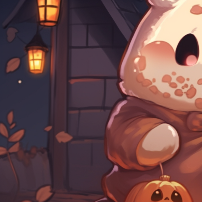 Two matching bear characters in mocha and milk tones, knocking Halloween decorated doors for candies. mocha bear and milk bear halloween themed matching pfp pfp for discord.