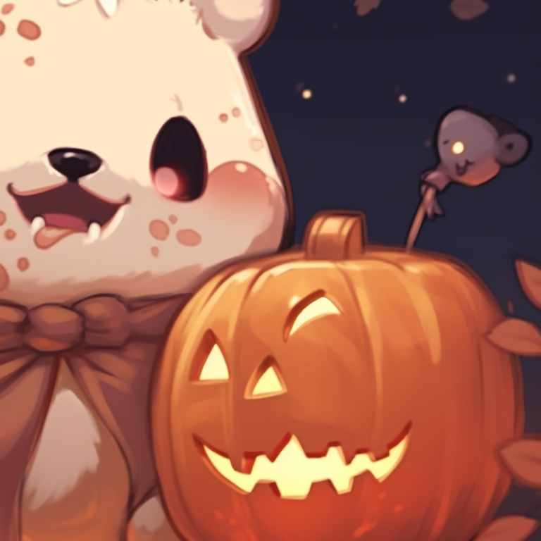Two matching bear characters in mocha and milk tones, knocking Halloween decorated doors for candies. mocha bear and milk bear halloween themed matching pfp pfp for discord.