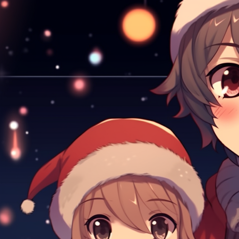 Two characters playing in the snow, soft colors and blurry backdrop, vibrant expressions. adorable boys and girls matching christmas pfp pfp for discord.