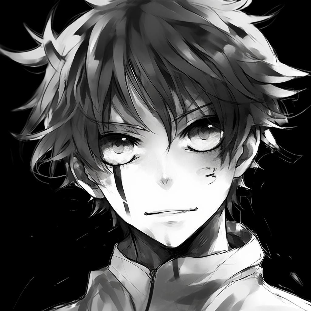 Front view of a crazed anime character in bold colors, showcasing an unpredictable demeanor and untamed hair. crazy anime boy pfp sketching tips pfp for discord.