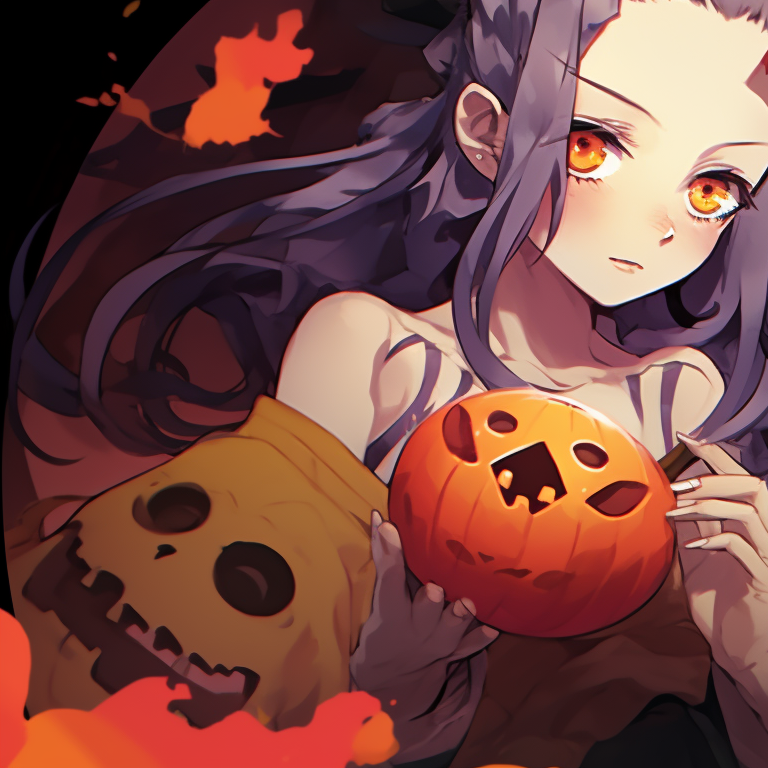 Engaged in a combat pose, Zenitsu and Nezuko against a halloween themed backdrop. zenitsu and nezuko halloween wallpapers pfp for discord.