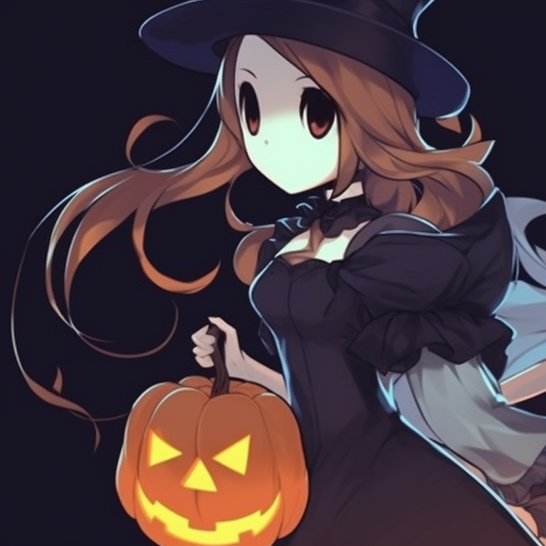 Two characters in cute matching costumes, saturated colors and kawaii style, carrying trick-or-treat bags. seasonal matching aesthetic halloween pfp pfp for discord.