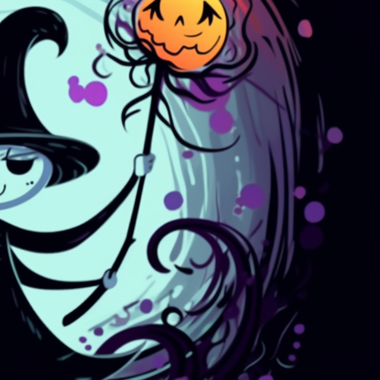 Stick figures in witch costumes, vibrant moon colors, broomstick in hand. stickman pfp with halloween backdrop pfp for discord.